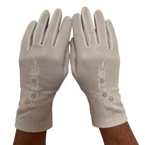 Vintage 1980s White/Ivory Unbranded Satin Beaded Floral Gloves XS S
